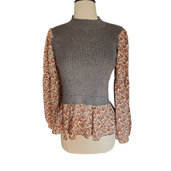 THML Preppy Twee 2 In 1 Sweater Blouse Womens Small Gray Autumn Floral Work NWT - Picture 1 of 9